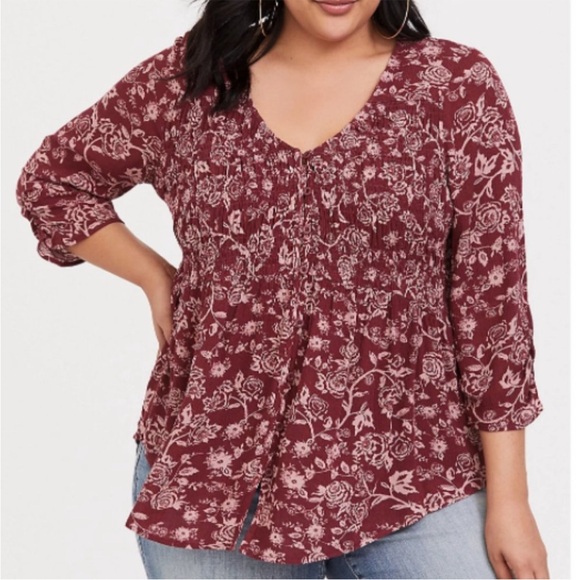 Torrid Floral Rose Table Boho Gauze Smocked VNeck Top Torrid Size 0 / Large - Picture 1 of 12